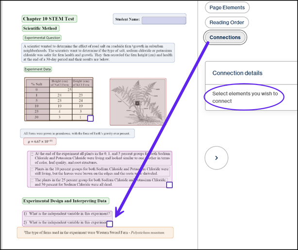The Connections button and "select the elements you want to connect" is highlighted with an arrow pointing to the checkbox next to the list.