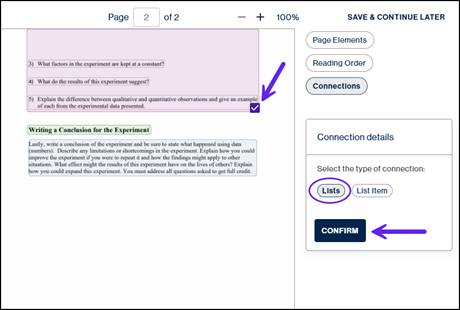 The checkbox for the list on page two is checked and the list button selected in the Connection details screen.  An arrow highlights the Confirm button.  