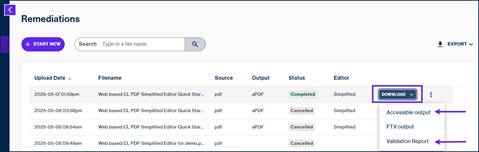 The remediations screen with the download drop down expanded, showing the options for accessible PDF Output and Validation report.  next to the file we remediated.  