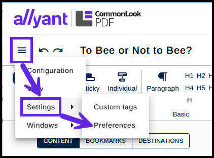 Screenshot showing how to get to Preferences in the web-based CommonLook PDF.