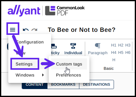 Screenshot showing how to get to Custom (User) tags in the web-based CommonLook PDF.
