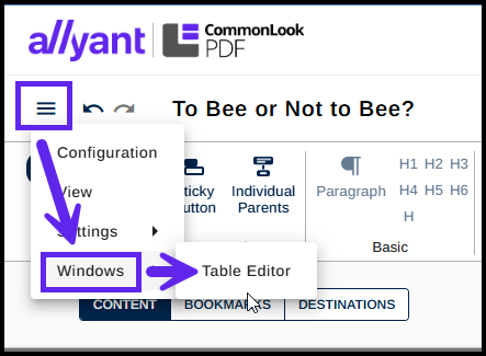 Screenshot showing how to get to the Table Editor from the hamburger menu in web-based CommonLook PDF. 