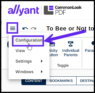Screenshot showing how to get to the Configuration screen from the hamburger menu in web-based CommonLook PDF. 