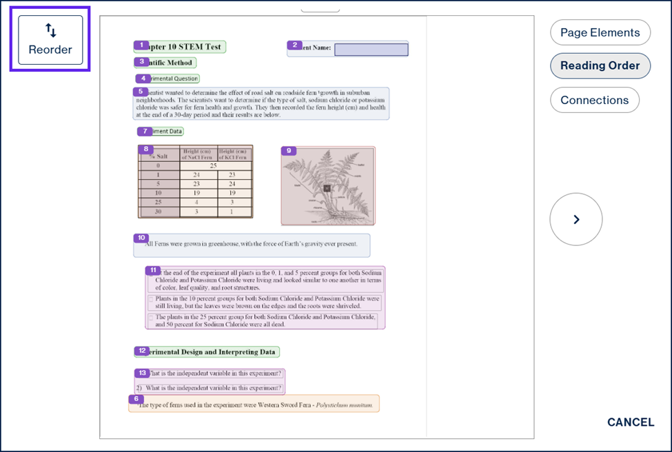 The original reading order of the containers on page 1 document established by CL Online with an arrow showing the Reorder button on the left-hand side of the CL Online interface.