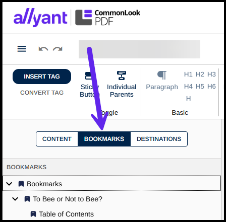 The Bookmarks button is highlighted in the web-based version of CommmonLook PDF. 