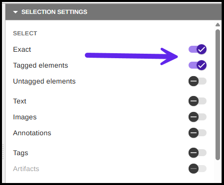 Screenshot of the Selection Settings in the web-based version of CommonLook PDF. 