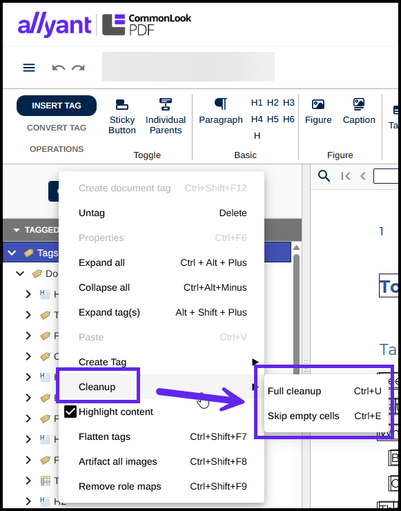 A tag is selected in the Tags tree, the context menu is open, and the Cleanup options are displayed.  