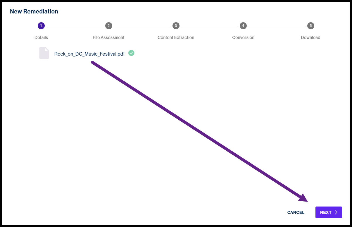 The New Remediation screen, showing that the content is ready for extraction, and an arrow pointing to the "Next" button.