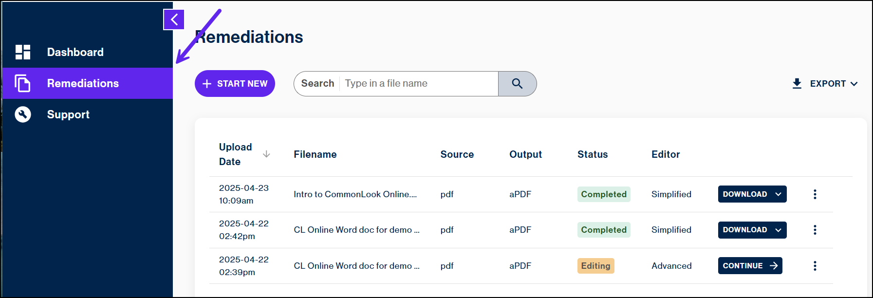The Remediations option is highlighted, on the left side of the page. 