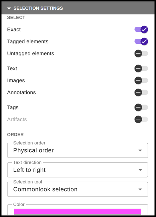 Selection Settings panel showing Exact, Tagged Elements both selected, and an updated color. 