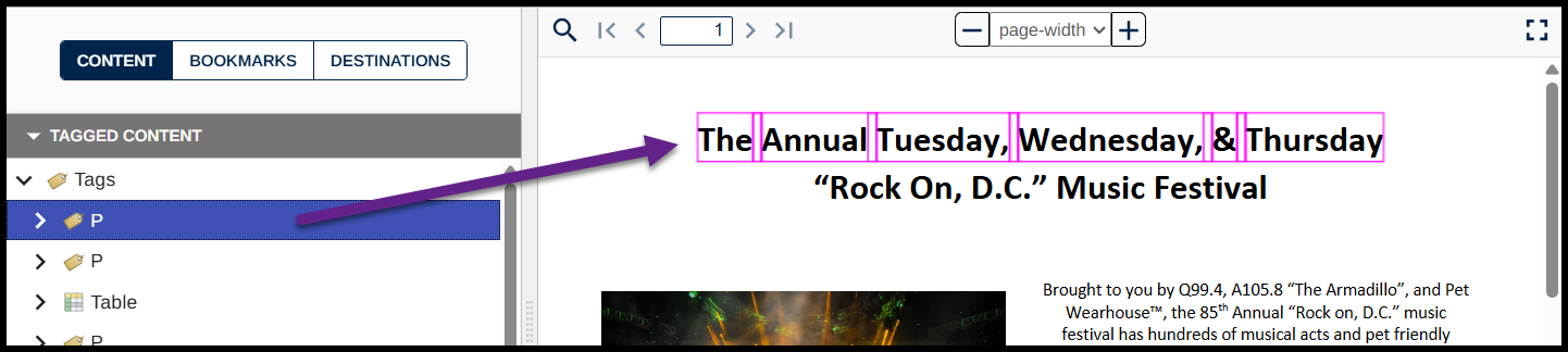 Screenshot showing the first Paragraph tag selected in the Tags tree and the text highlighted in the physical view.