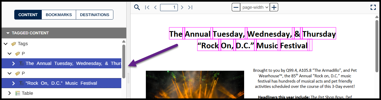 Screenshot showing the first two Paragraph tags selected in the Tags tree and both lines of the title highlighted in the physical view.