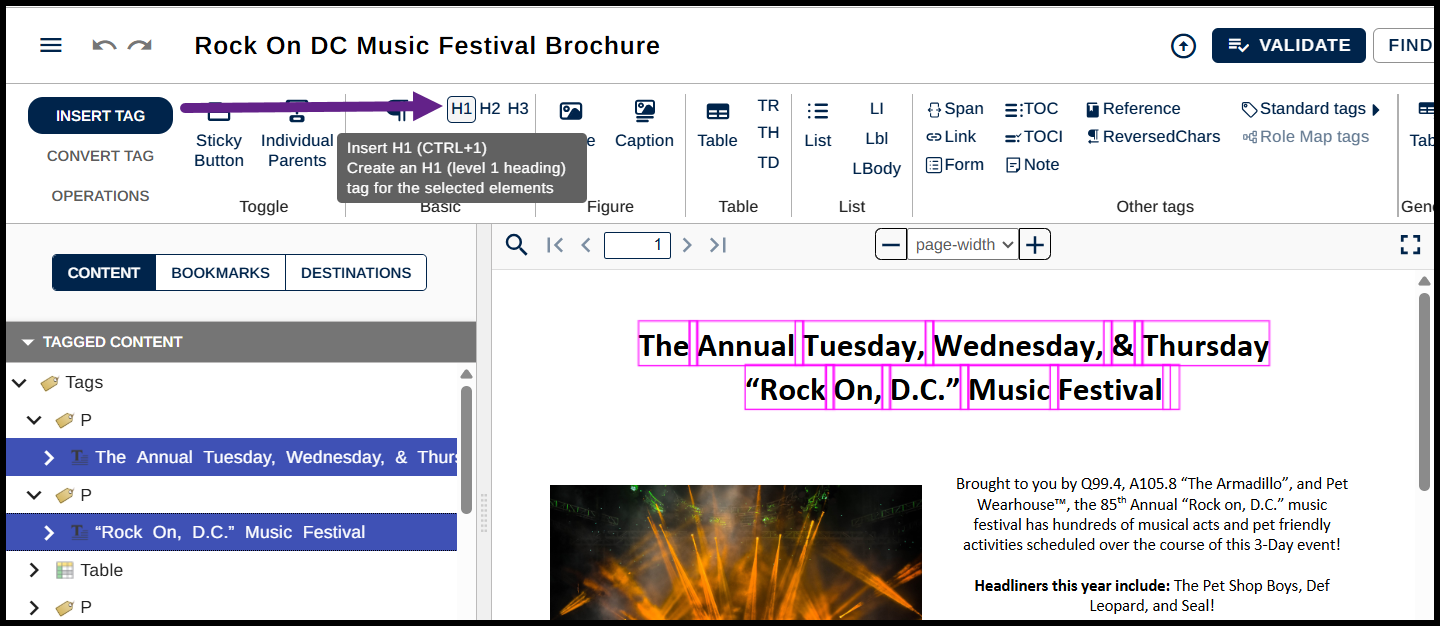 Screenshot showing the title highlighted in the physical view, and the H1 button in the Insert Tag menu highlighted. 