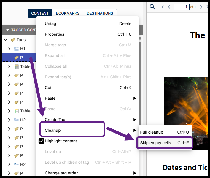 The context menu is open on the empty P tag and Clean up and Skip empty cells are both highlighted.