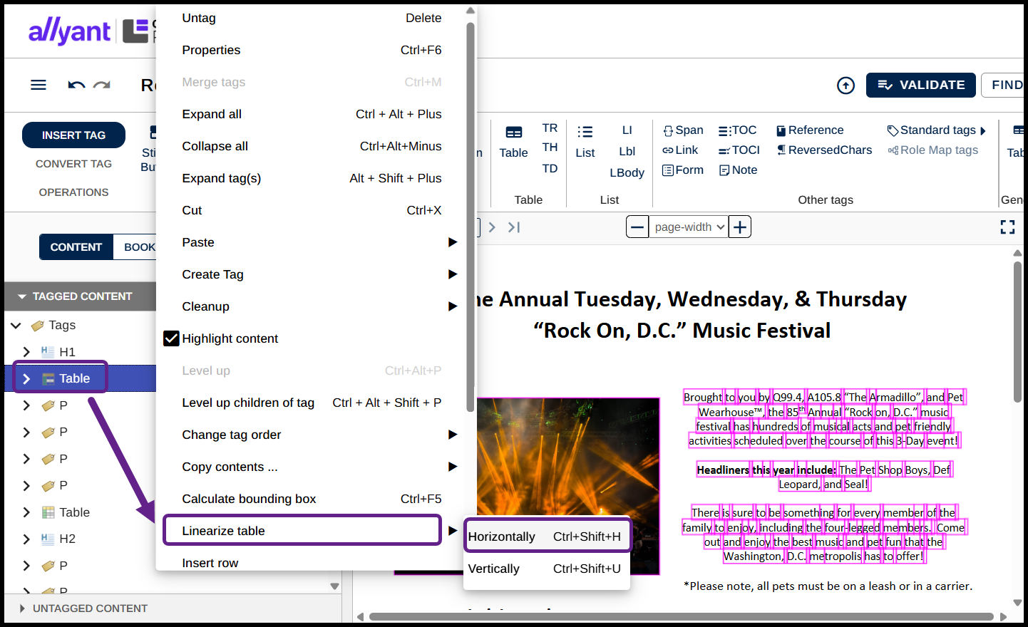 The Table tag is selected and its context menu is open. Linearize Table and the option for Horizontally are highlighted.