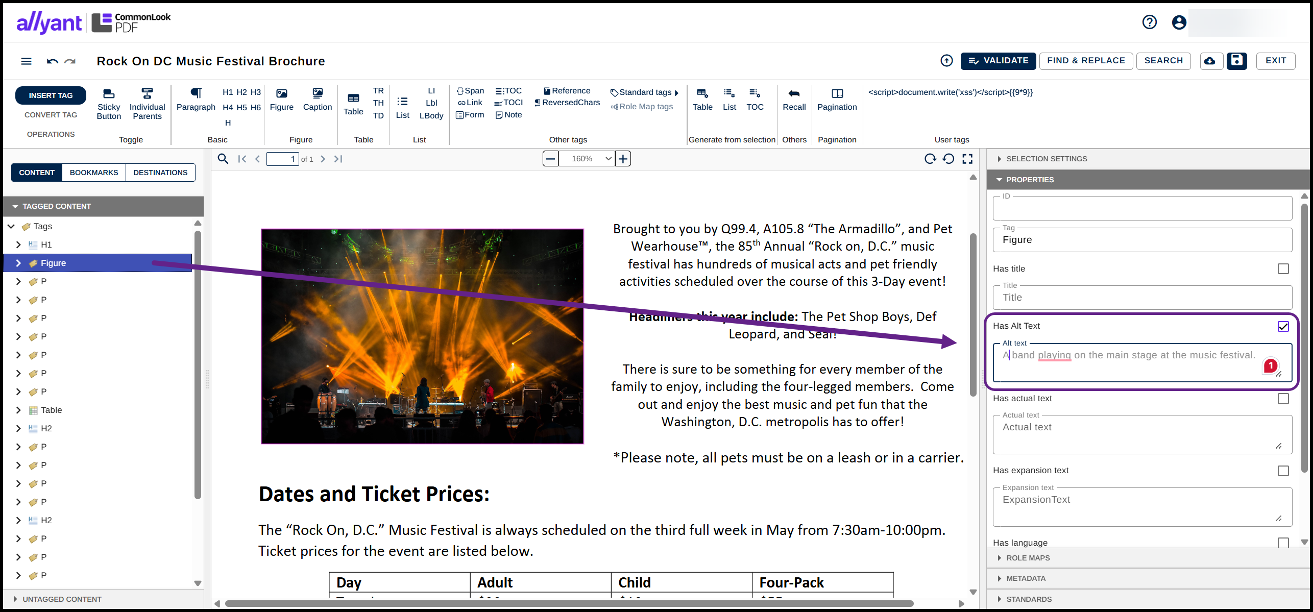 Screenshot showing the Figure tag selected, the image is highlighted, and Alternative text has been added in the Properties panel.