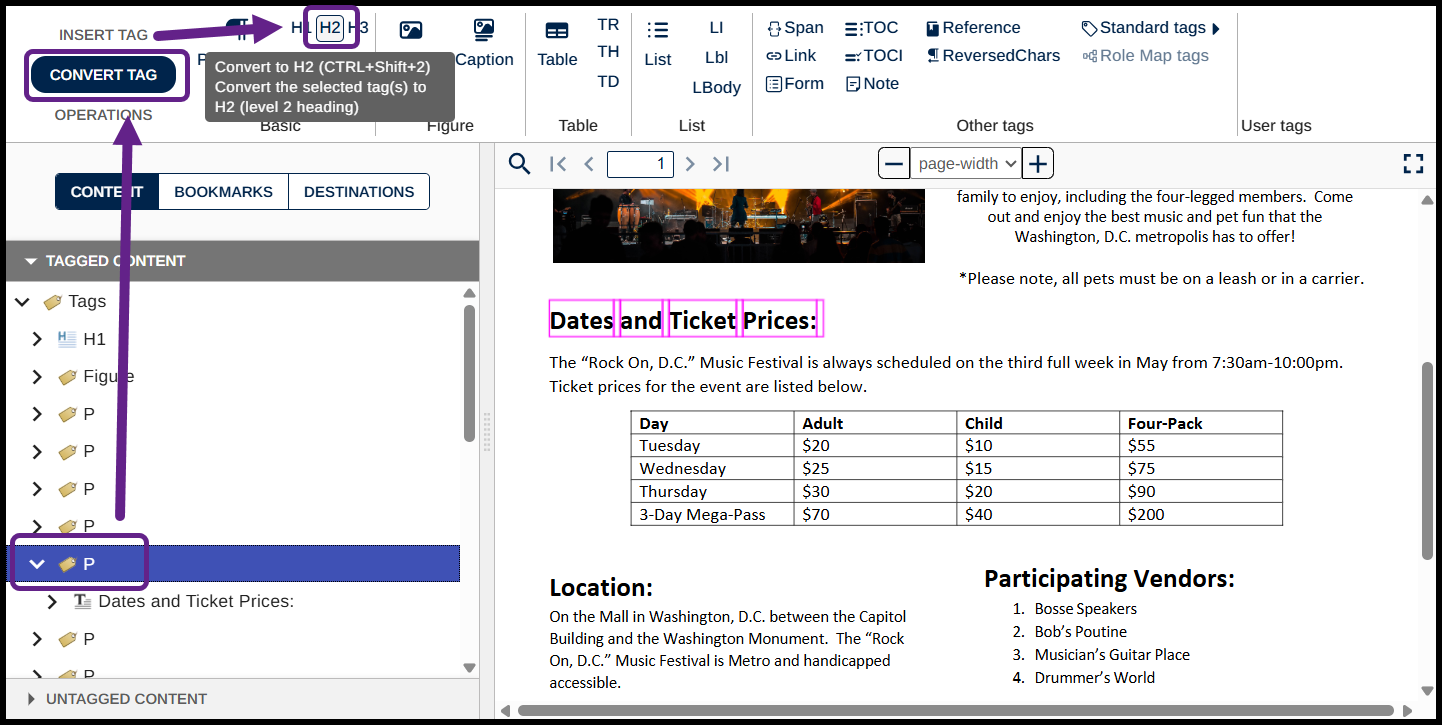 Screenshot of the CommonLook toolbar with the Convert tag menu highlighted.