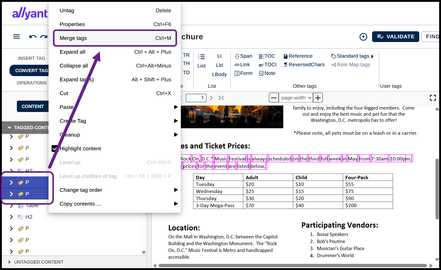 Screenshot showing two Paragraph tags selected in the Tags tree, the context menu is open, and the option to Merge Tags is highlighted.