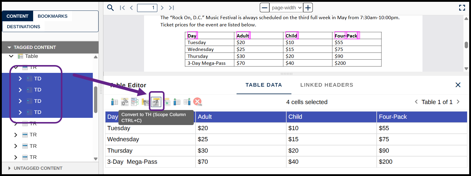 Screenshot showing TD tags selected in the Tags tree and the button in the Table Editor to convert them to TH and assign the scope of Column is highlighted.
