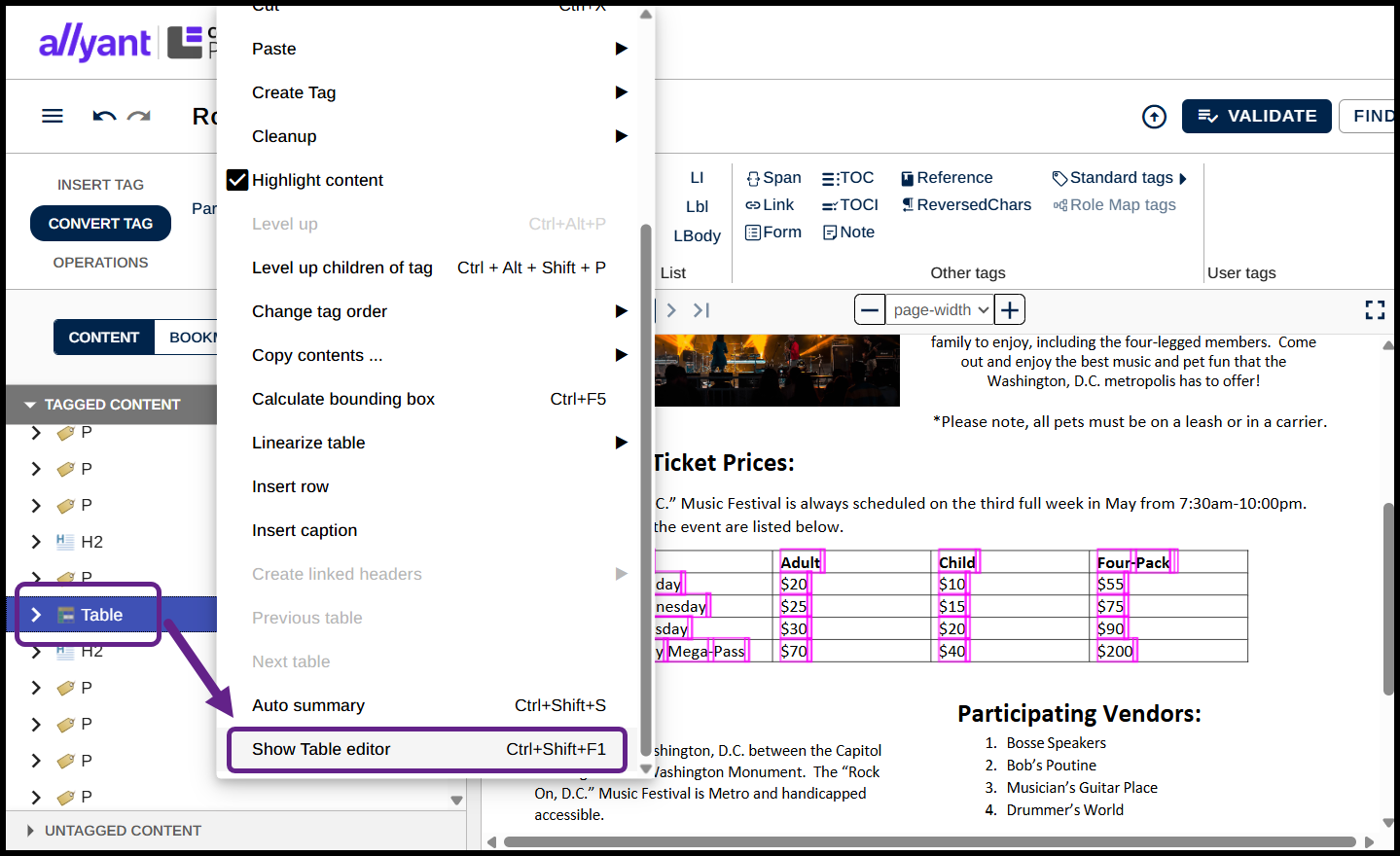 Screenshot showing the Table tag context menu open and the Show Table Editor option highlighted.