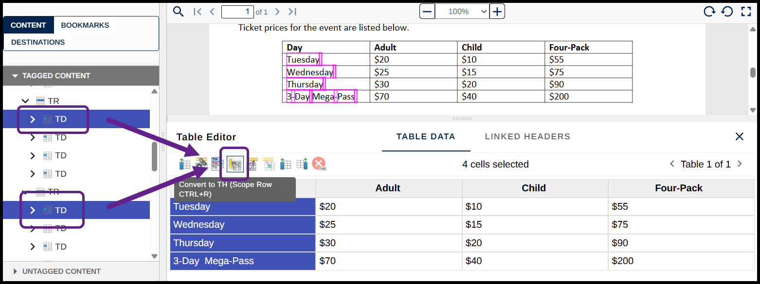Screenshot showing TD tags selected in the Tags tree and the button in the Table Editor to convert them to TH and assign the scope of Row is highlighted.