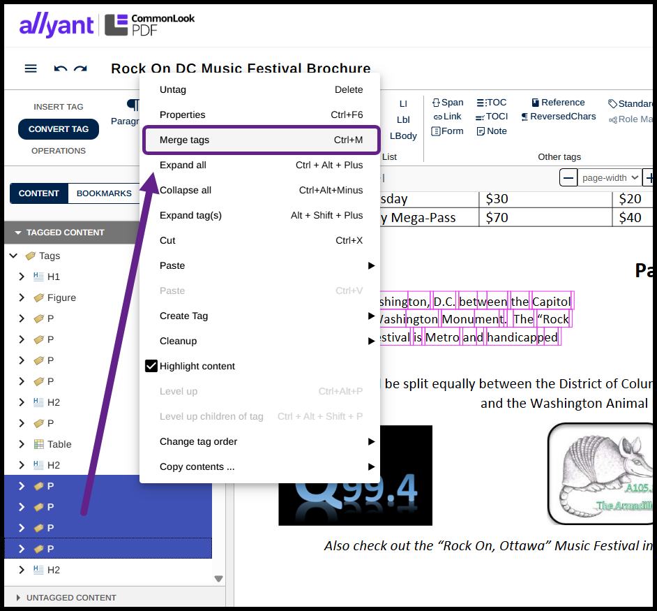 Screenshot showing all four relevant Paragraphs selected and the Merge Tags command selected.