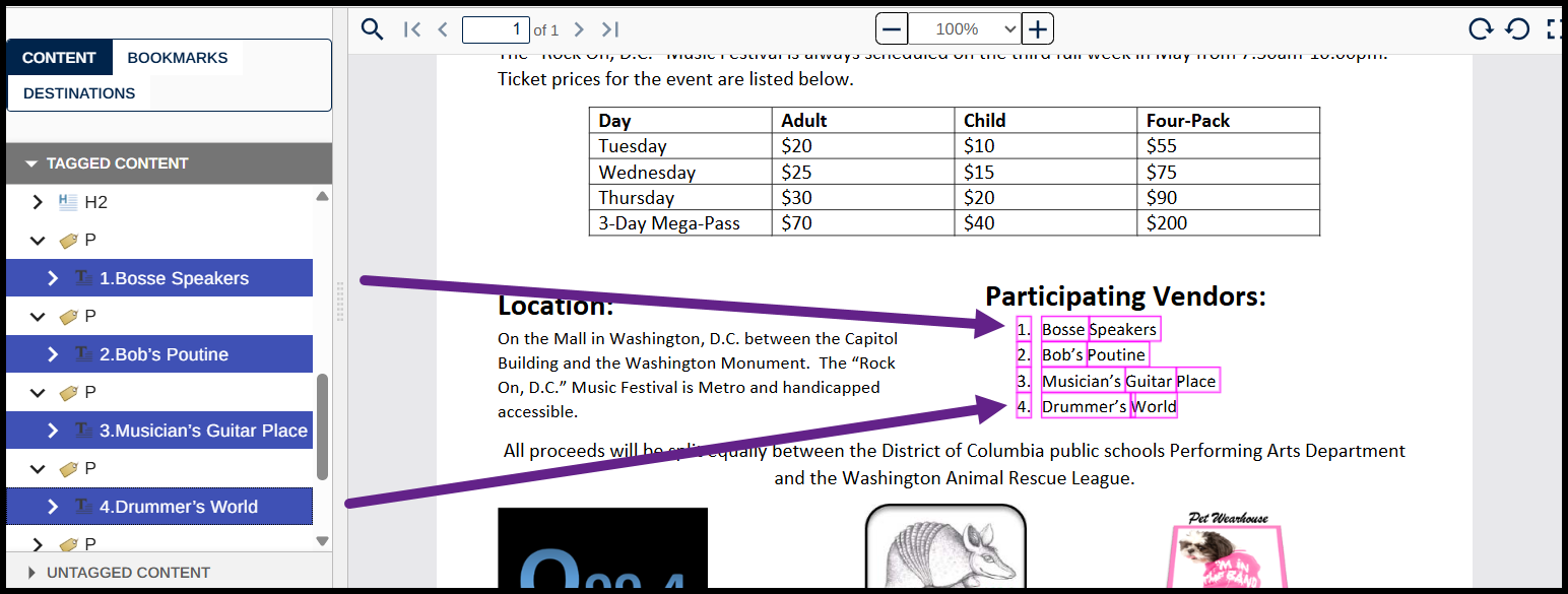 Screenshot of a List tag opened, showing the four List Item tags inside. The text for the list items is highlighted in the physical view.