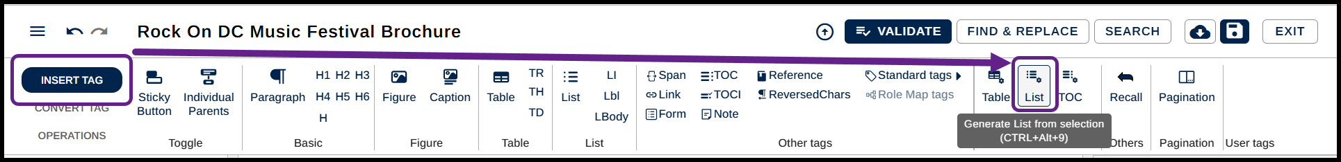 Screenshot of the ribbon on the Insert tag tab. The button the Generate a List from the Selection is highlighted.