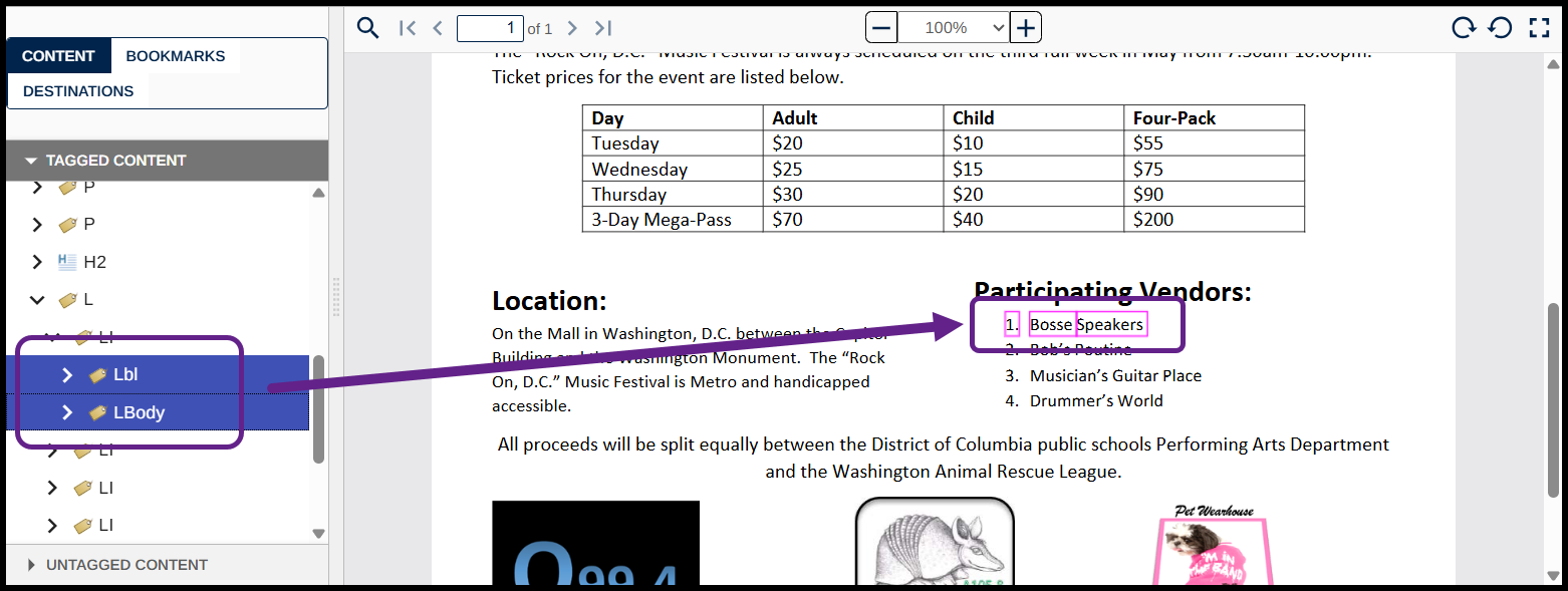 Screenshot showing the first List Item tag opened in the Tags tree. It contains a Label and an LBody tag. The Label and LBody tag are selected and their contents are highlighted in the physical view.