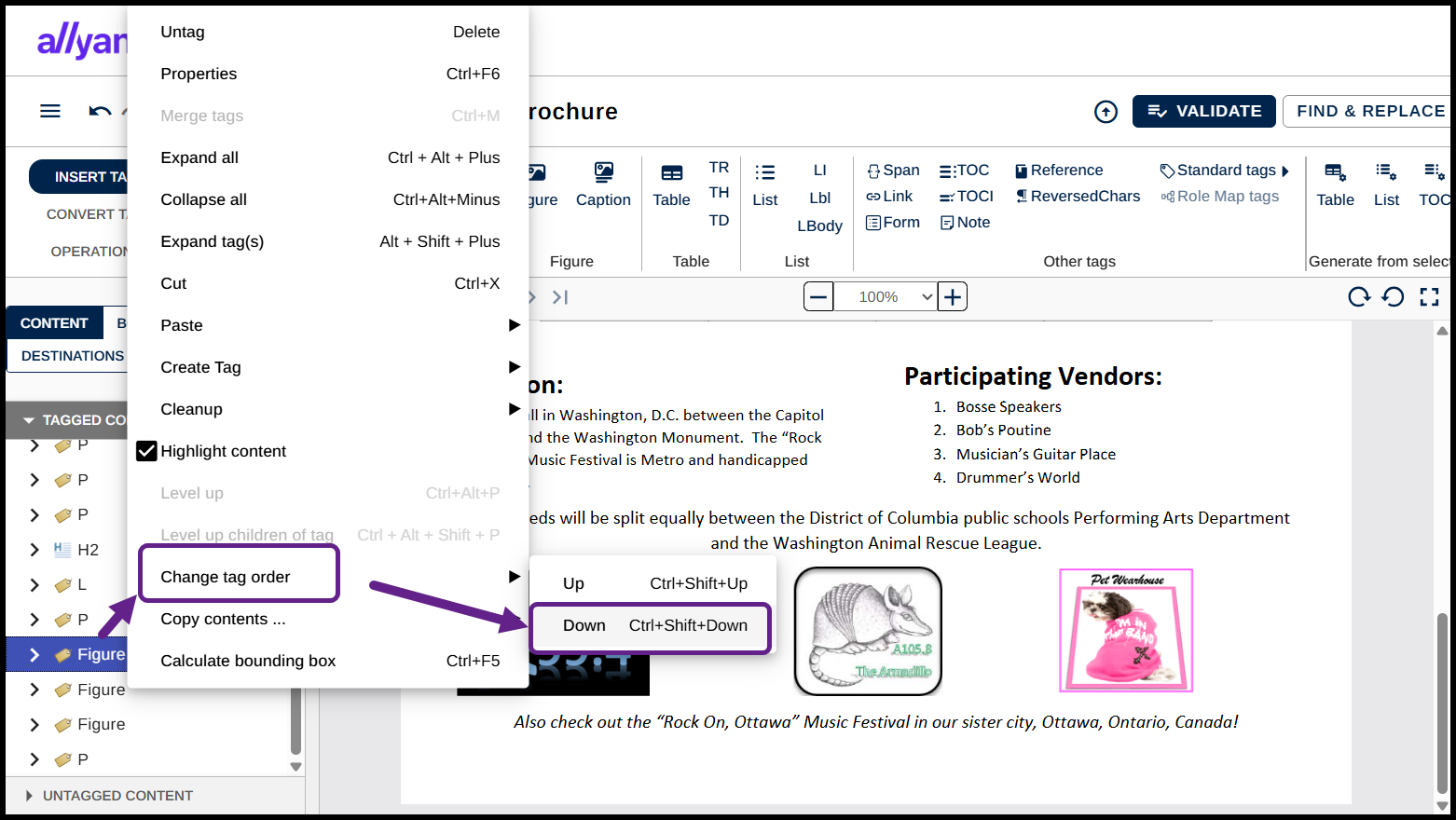 Screenshot showing the right-most Figure selceted with the Change Tag Order command highlighted. 
