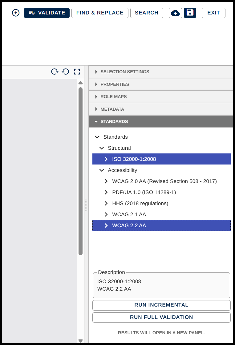 Screenshot of the Standards panel with the Structural and Accessibility menus open. ISO 32000-1:2008 and WCAG 2.1 are highlighted. The Full Validation button is also highlighted.