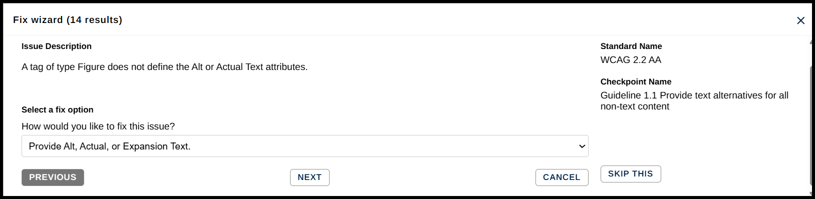 Screenshot showing Step One in the Fix Wizard to correct the issue of a Figure tag not having Alternative text.