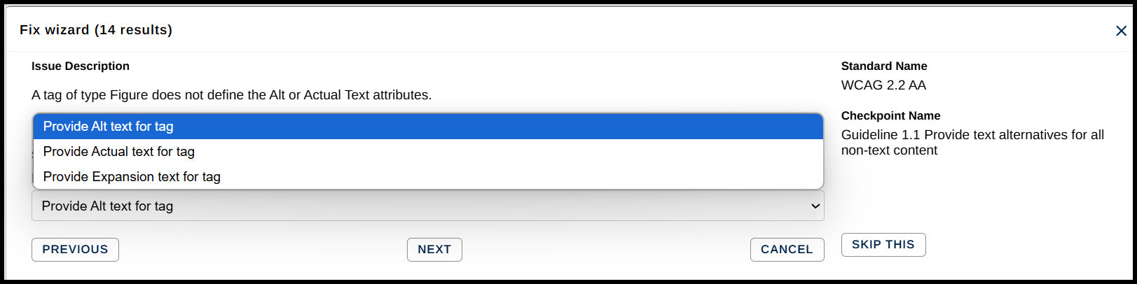Step Two in the Fix Wizard for applying Alt text to Figures. The drop-down menu is open showing options to provide Alt, Actual, or Expansion text.