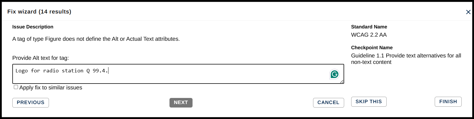 Screenshot showing the Alt text added in Step 3 of the Fix Wizard.