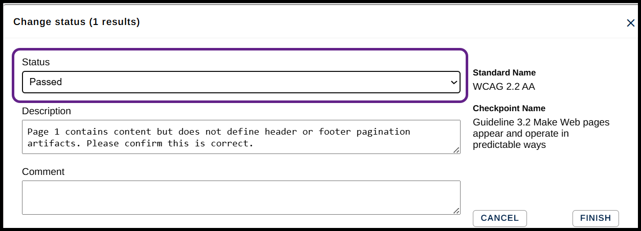 Screenshot showing the Status changed to Passed on the Change Status menu. 