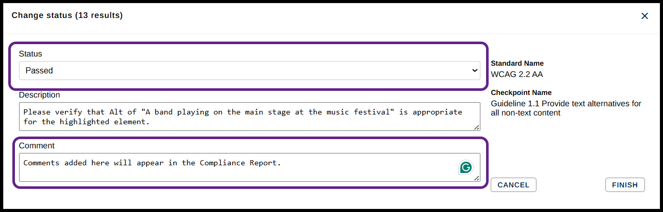 Screenshot of the Status Dialog box with the Status set to Passed, the description of the checkpoint, and a comment in the Comments field.