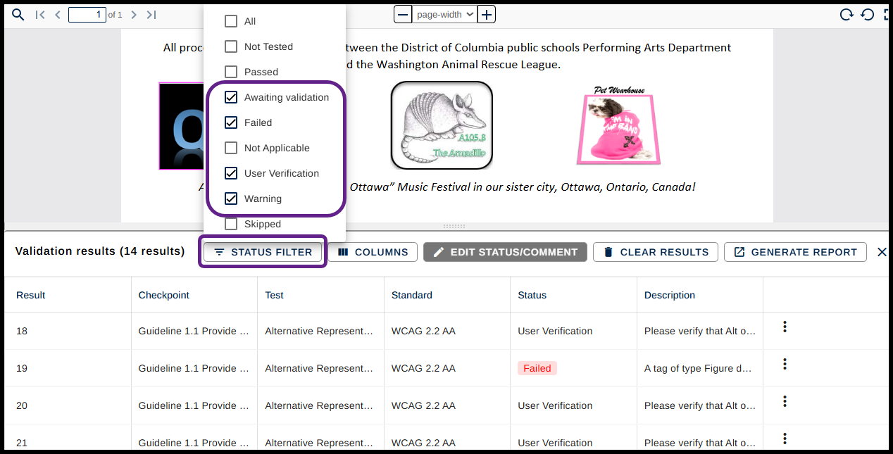 Screenshot of the Results panel with the "Filter by" menu open and the checkboxes for Awaiting Validation, Failed, User Verification, and Warning selected.