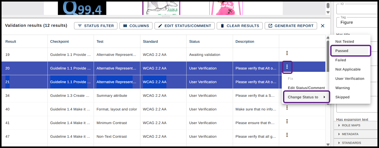 Screenshot showing both results selected, with Passed selected from the Change Status to menu. 