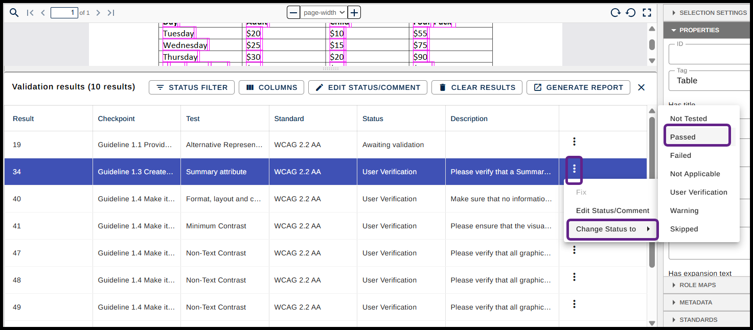 Screenshot showing results selected, with Passed selected from the Change Status to menu. 
