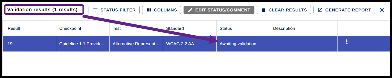 Screenshot showing one final validation result, awaiting validation.