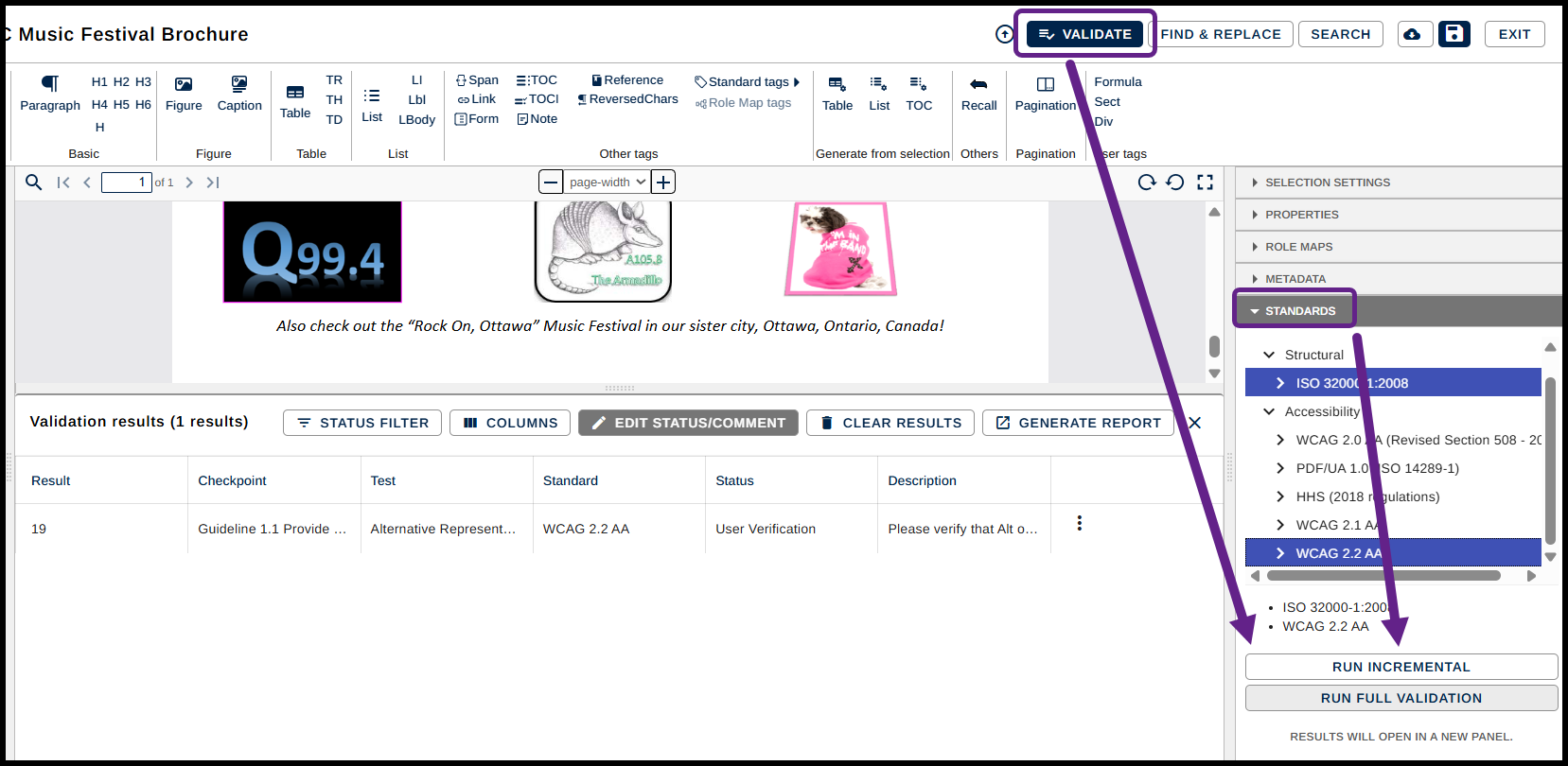 Screenshot showing Run Incremental selected from the Standards panel. 
