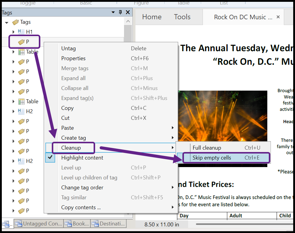 The context menu is open on the empty P tag and Clean up and Skip empty cells are both highlighted.