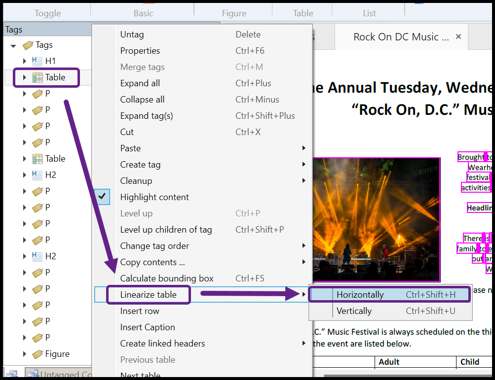 The Table tag is selected and its context menu is open. Linearize Table and the option for Horizontally are highlighted.