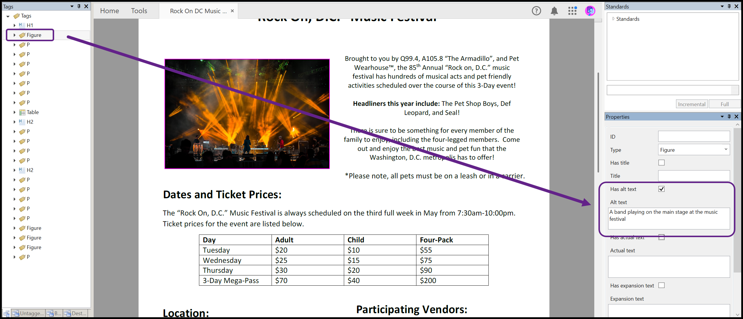 Screenshot showing the Figure tag selected, the image is highlighted, and Alternative text has been added in the Properties panel.