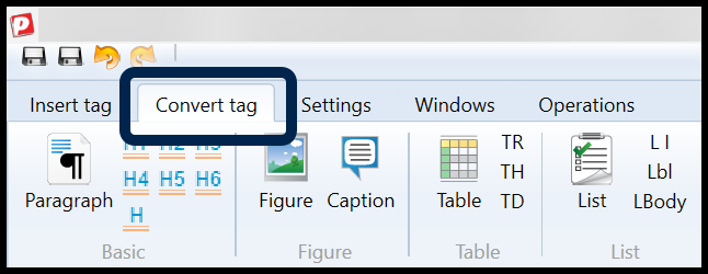 Screenshot of the CommonLook toolbar with the Convert tag tab highlighted.