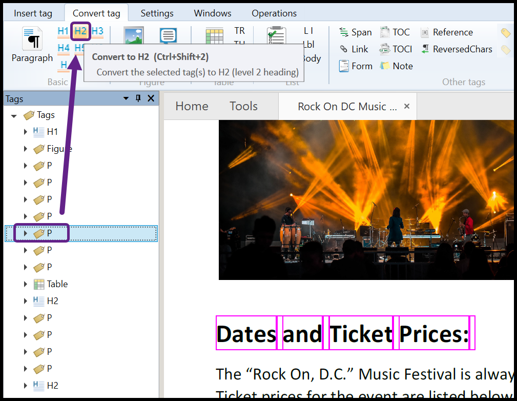 Screenshot showing a P tag selected in the Tags tree and the convert to H2 button highlighted in the ribbon of the Convert tag tab.