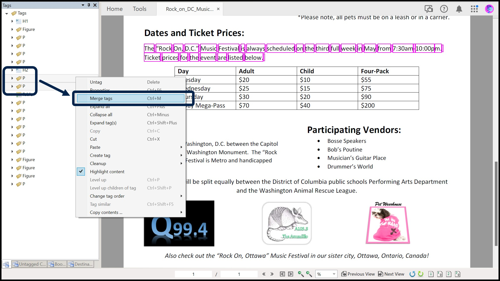 Screenshot showing two Paragraph tags selected in the Tags tree, the context menu is open, and the option to Merge Tags is highlighted.