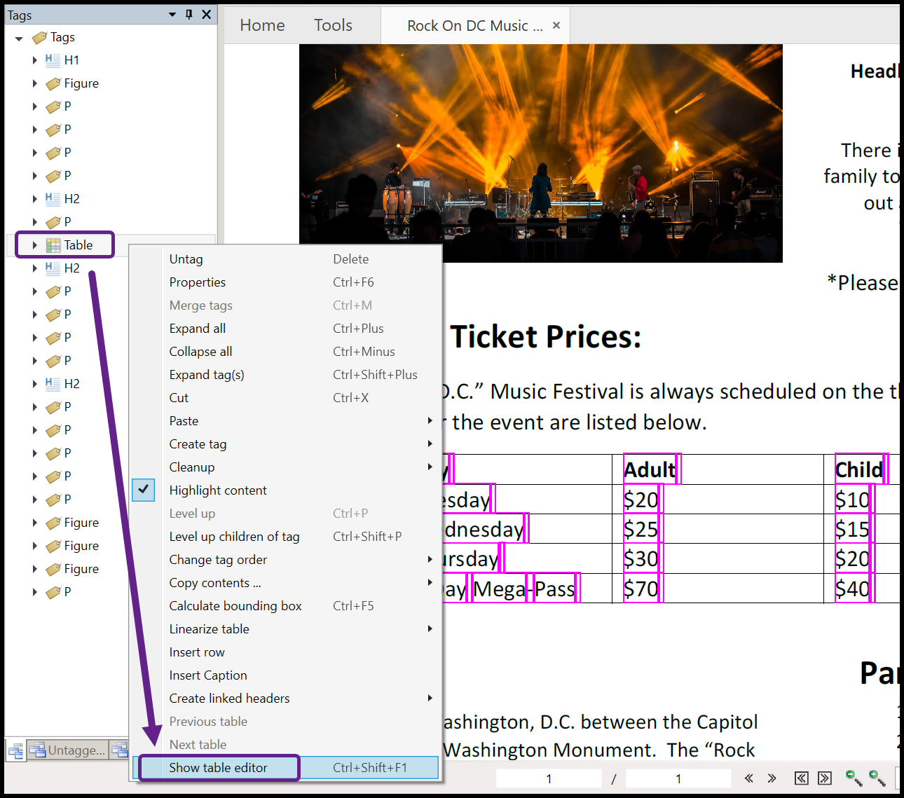 Screenshot showing the Table tag context menu open and the Show Table Editor option highlighted.
