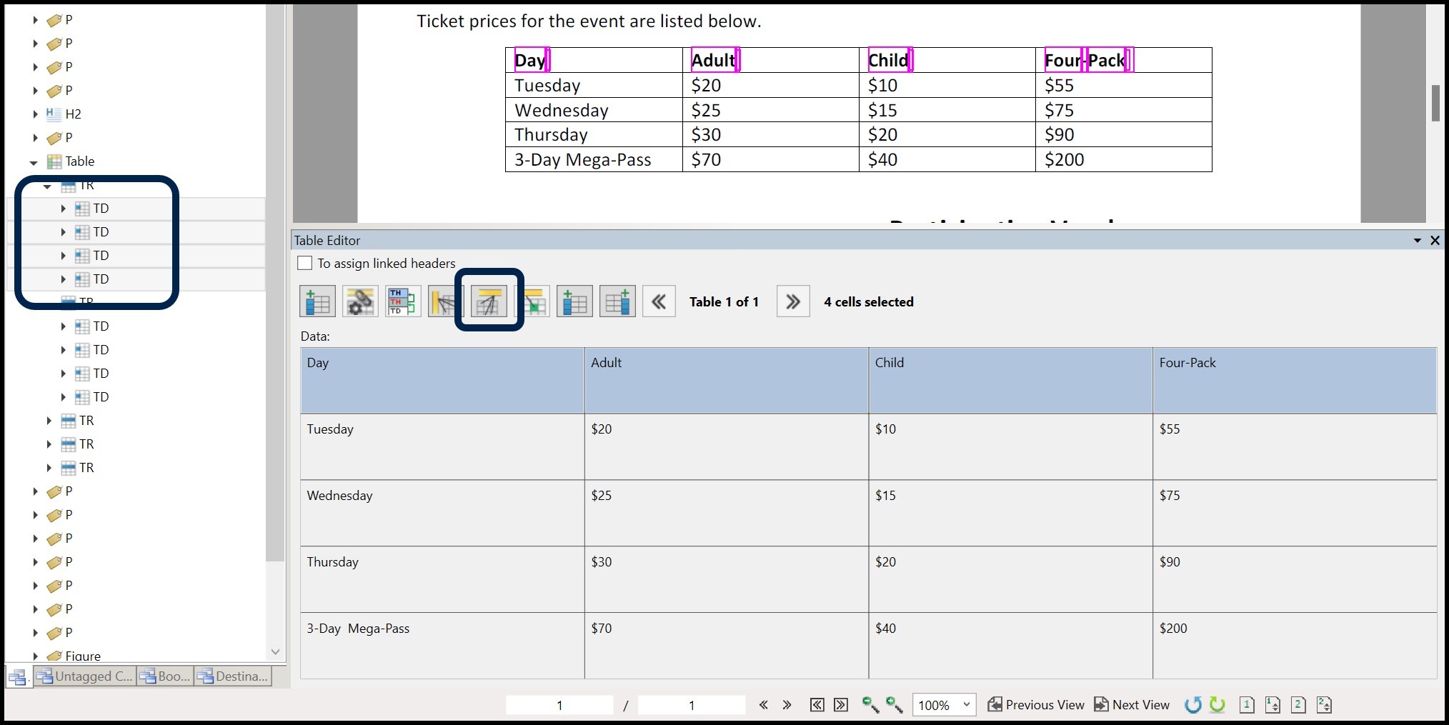 Screenshot showing TD tags selected in the Tags tree and the button in the Table Editor to convert them to TH and assign the scope of Column is highlighted.