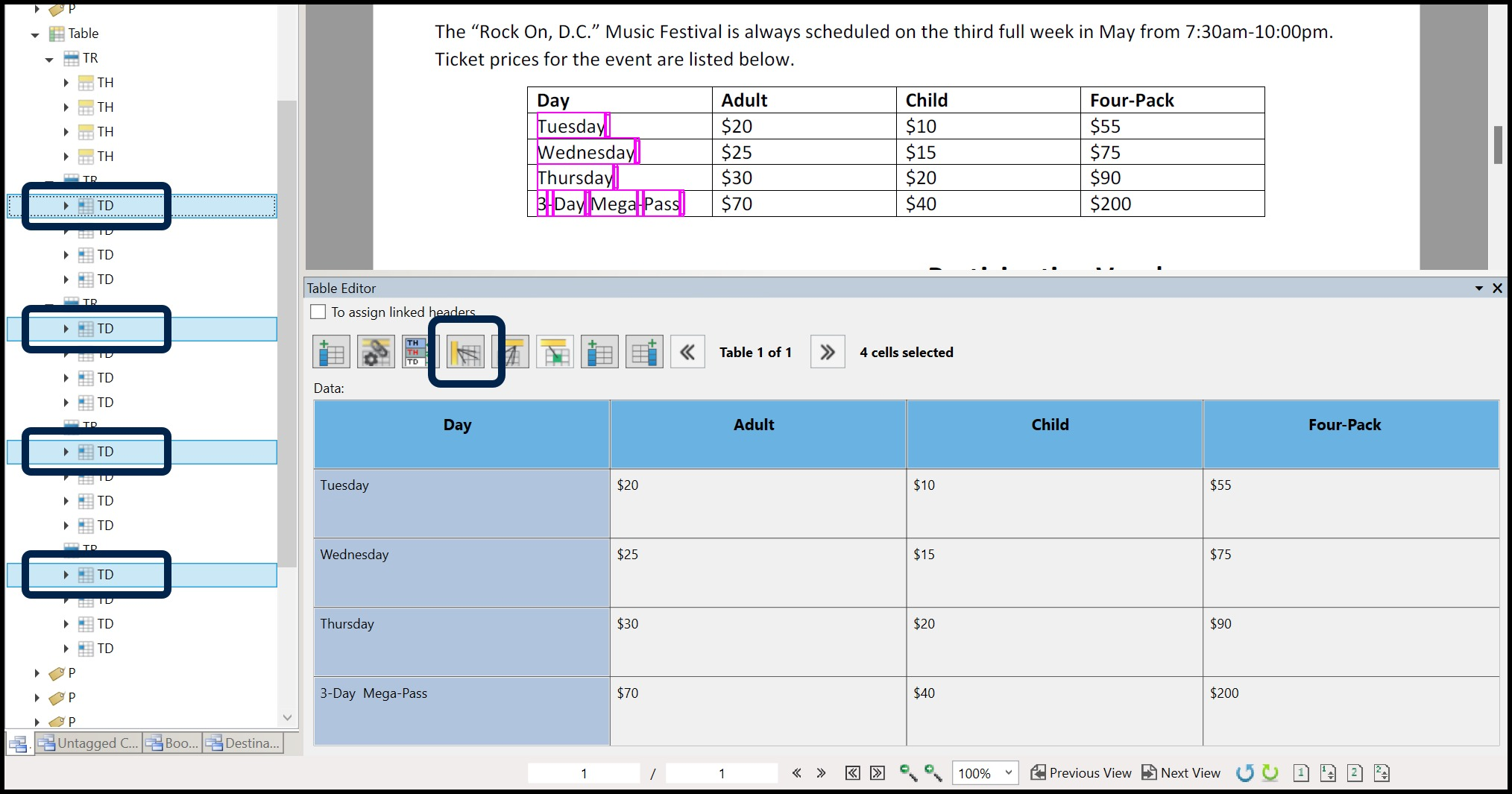 Screenshot showing TD tags selected in the Tags tree and the button in the Table Editor to convert them to TH and assign the scope of Row is highlighted.